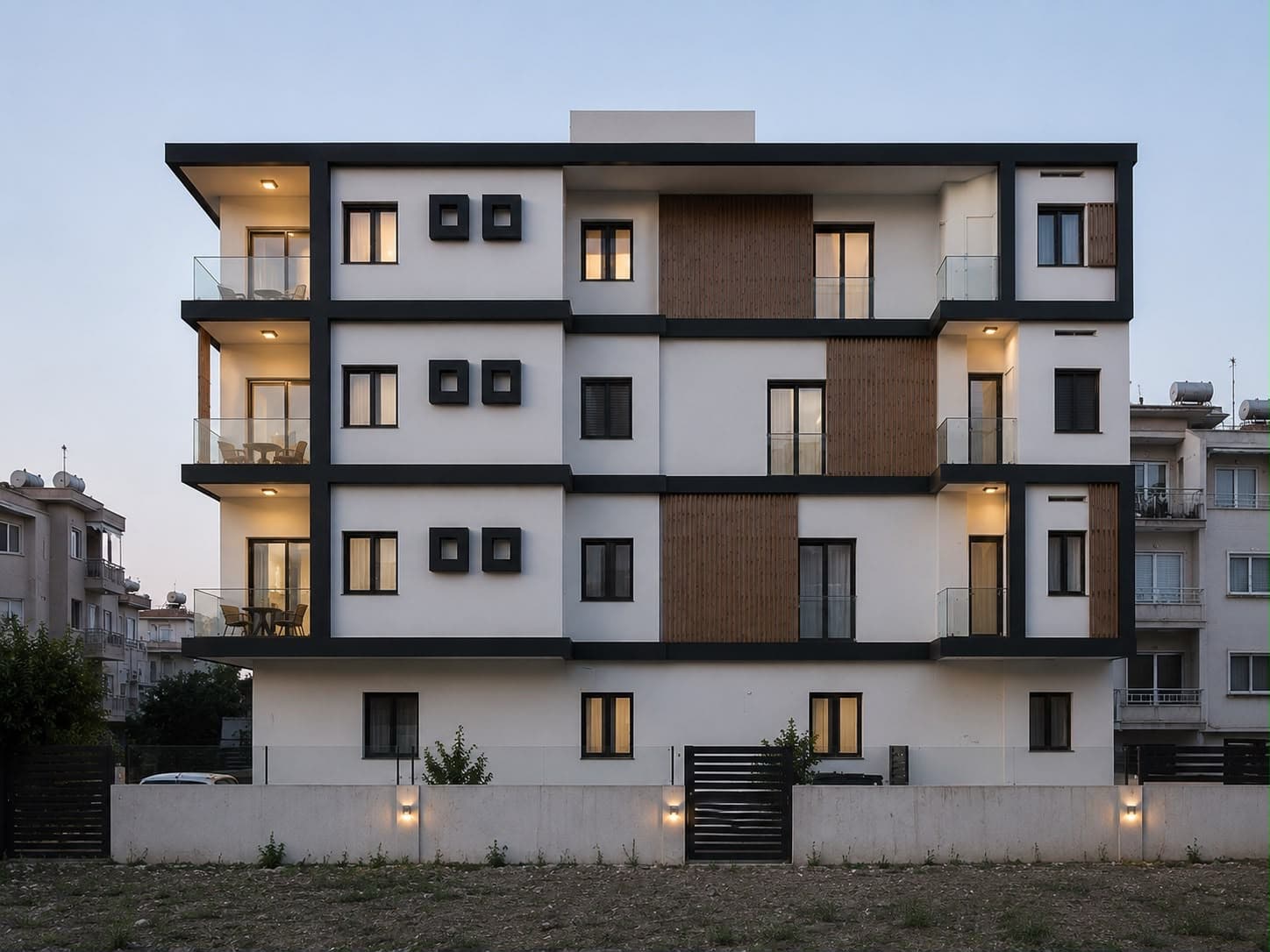 Antalya · Frontfassade im Abendlicht mit beleuchteten Balkonen