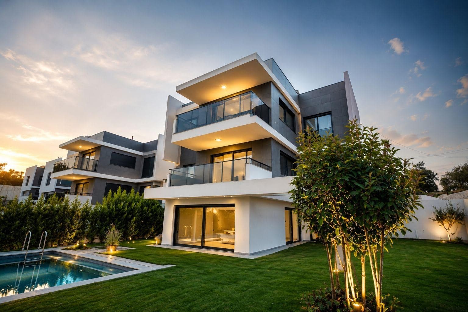 Modern villa with private pool and illuminated garden at dusk at La Oliva Garden in Kuşadası